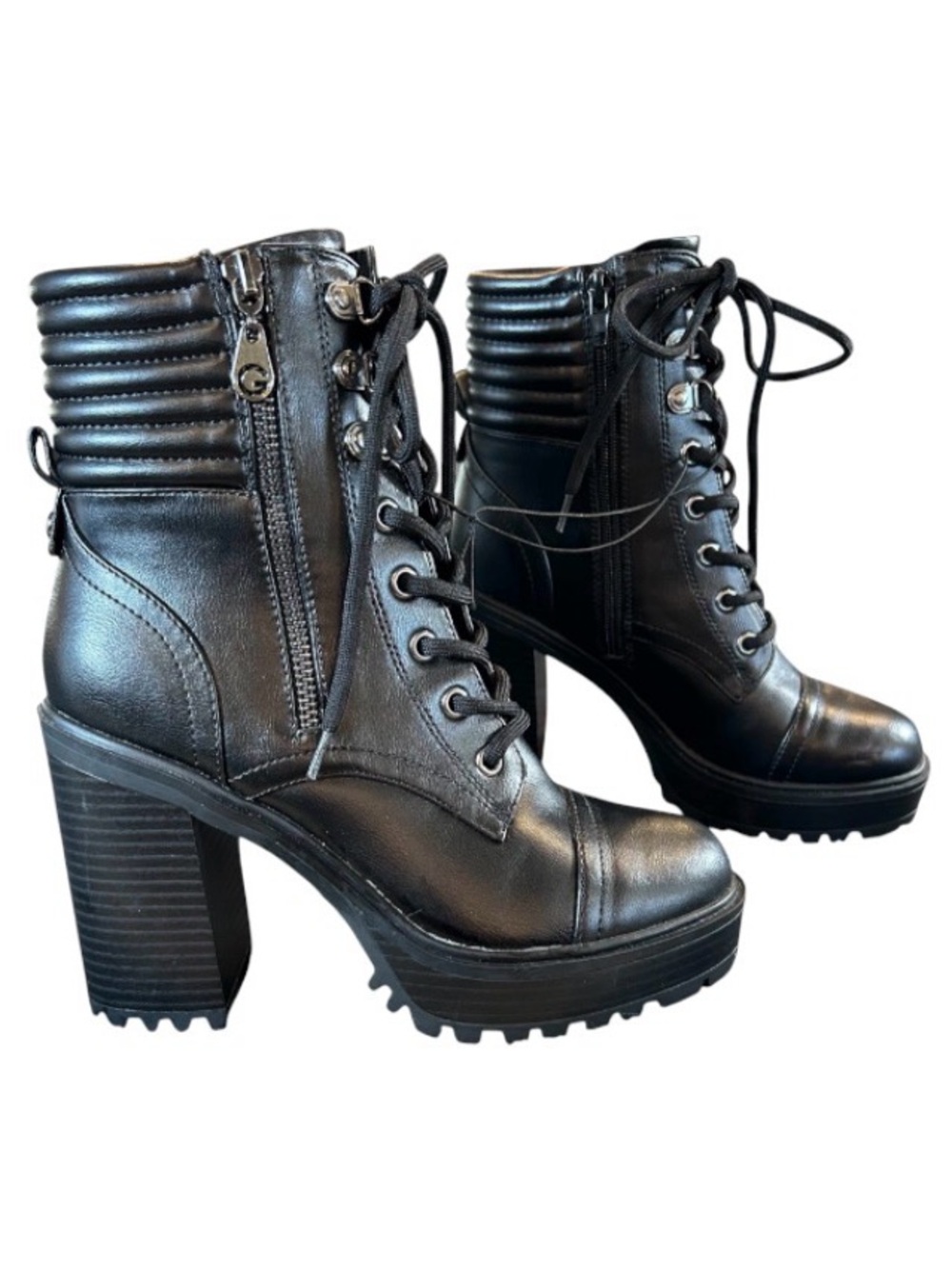 GBG Los Angeles Black Faux Leather Lace-Up Platform Block Heel Combat Boots